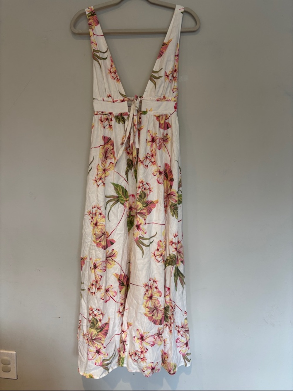Wayf White Floral Backless Maxi Dress with Pink and Green Print